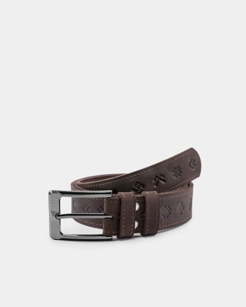 A brown leather belt with Baltic symbols