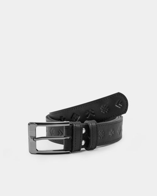 A black leather belt with Baltic symbols