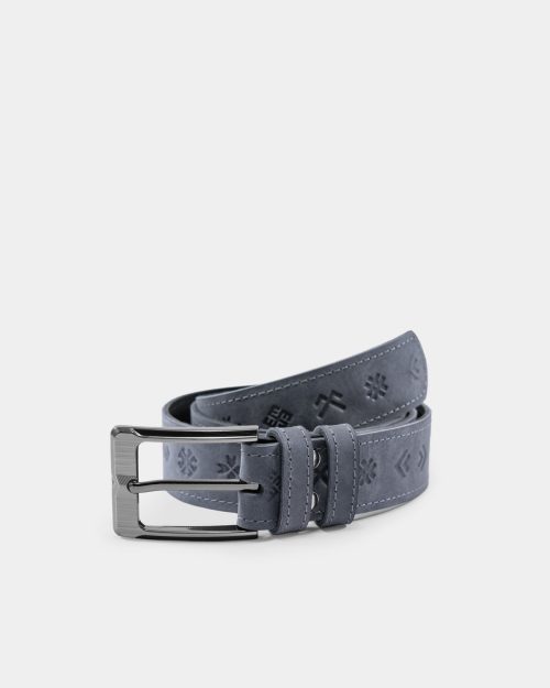 A grey leather belt with Baltic symbols