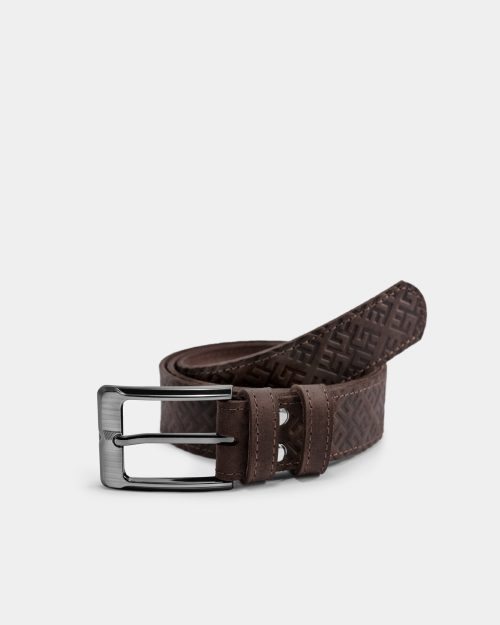 A brown leather belt with fire cross pattern