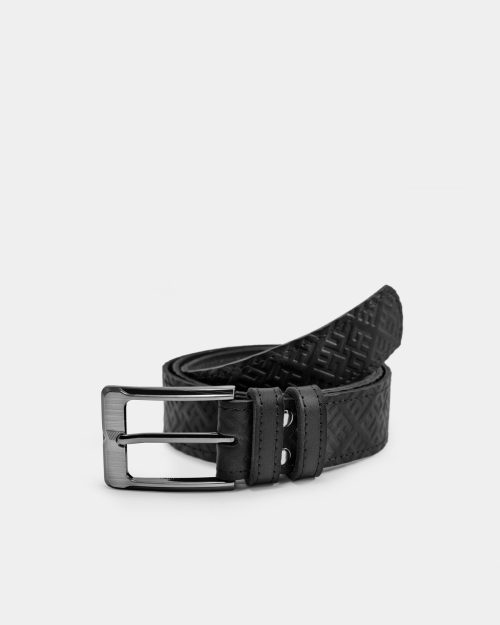 A black leather belt with fire cross pattern