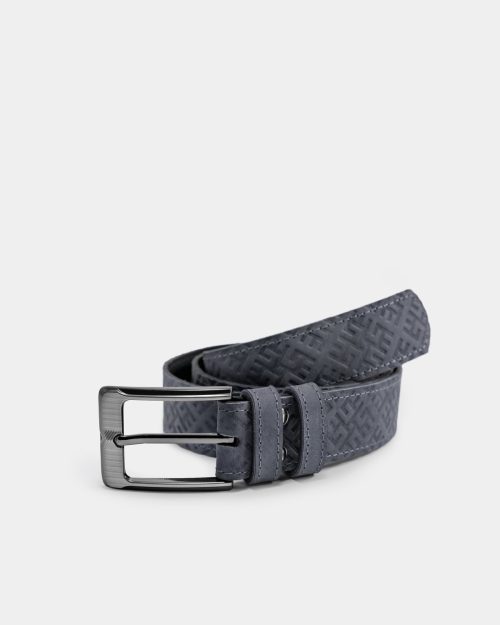 A grey leather belt with fire cross pattern