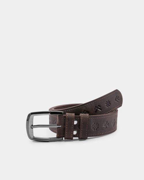 A brown leather belt with Baltic symbols