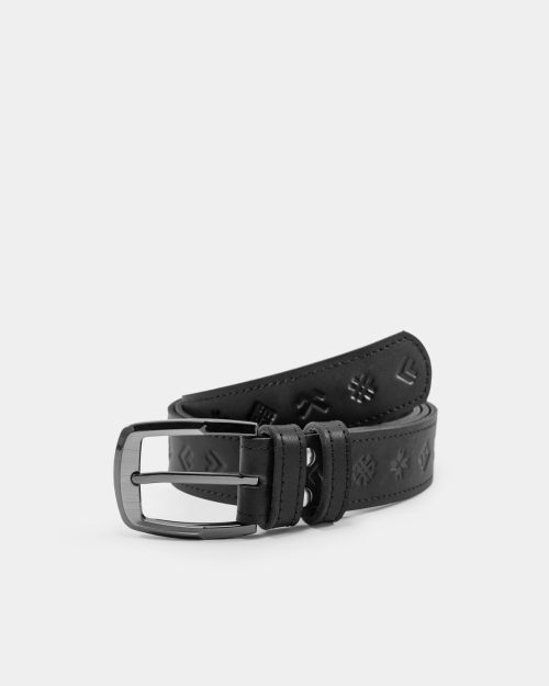 A black leather belt with Baltic symbols