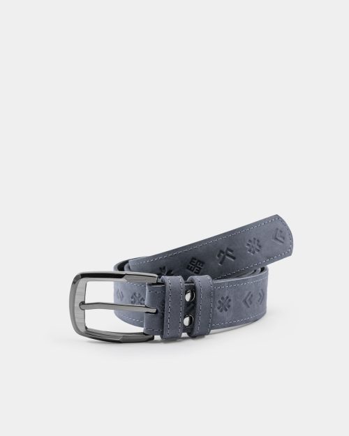 A grey leather belt with Baltic symbols