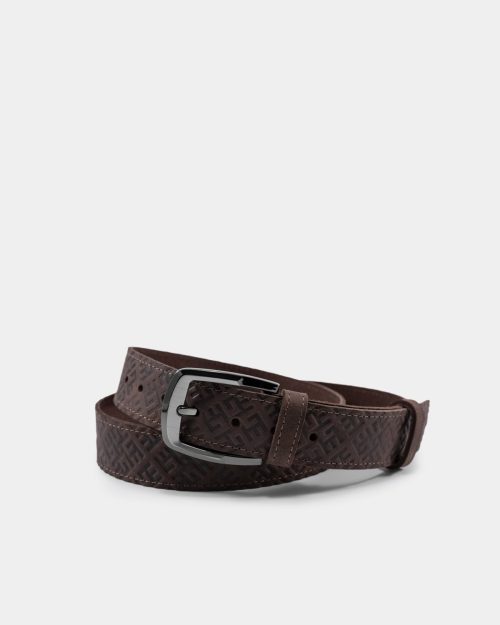 A brown leather belt with fire cross pattern