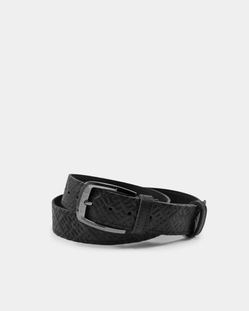 A black leather belt with fire cross pattern