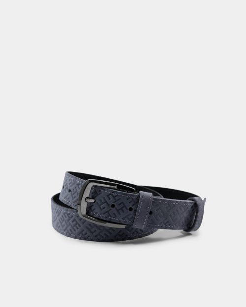 A grey leather belt with fire cross pattern