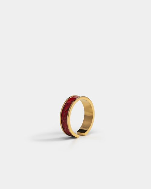 Gold ring with red salmon leather